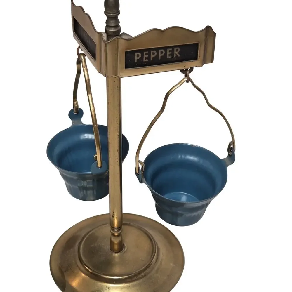 Vintage Balance Scale Salt Pepper Holder Brass Blue Buckets Mid Century Kitchen
